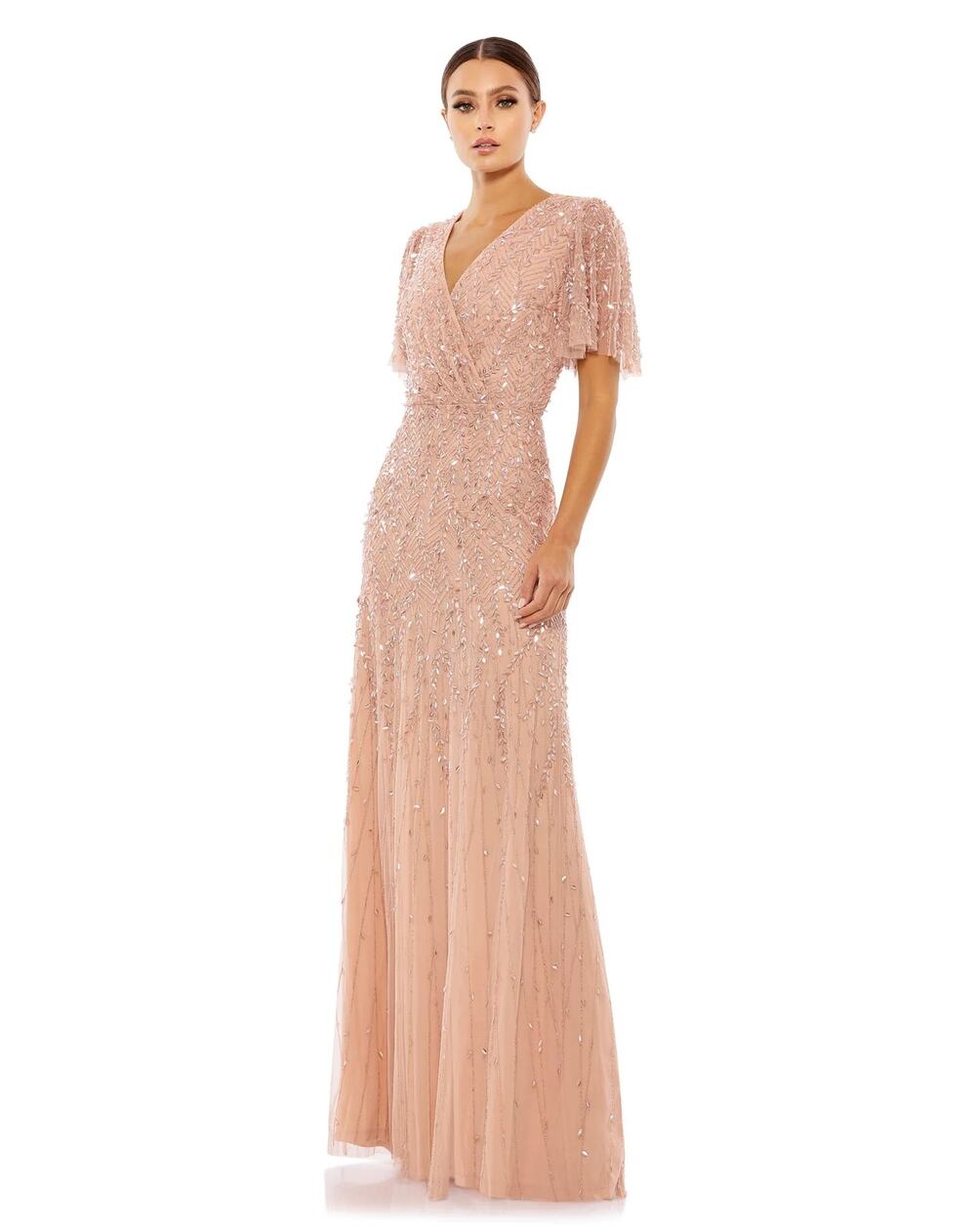 Mac Duggal 35109 Surplice Bodice Embellished Gown Flutter Sleeve Nude Size 8